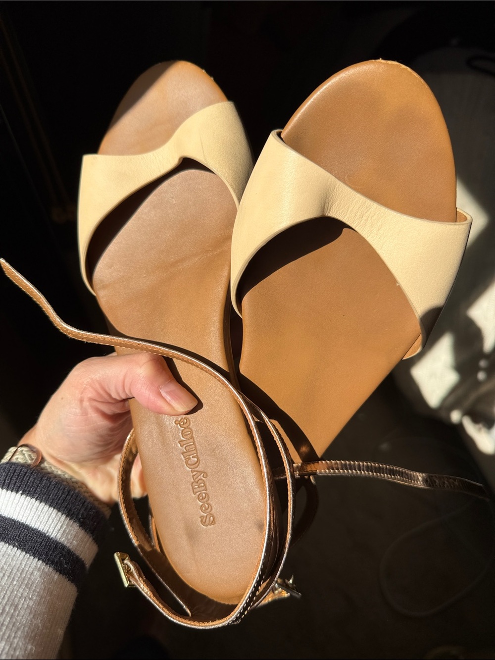 See By Chloé Beige Leather Ankle-Tie Flat Sandals